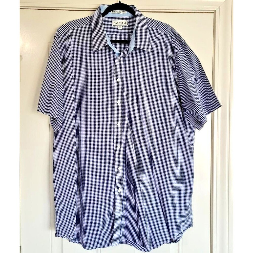 Paul Fredrick 18 Non-Iron Two-Ply Cotton Gingham Plaid Men's Short Sleeve Shirt